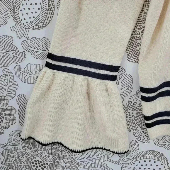 Knitted Linen Blend Cold Shoulder Knit Top With Flare Sleeves & Striped Hem - Picture 7 of 9